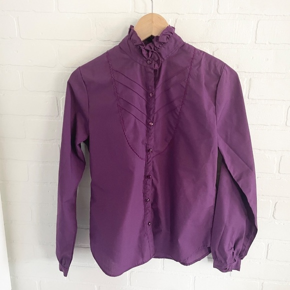 Vintage 80s Blouse Ruffled High Neck Pleated front Goth Victorian Feminine Sz 10 - Picture 8 of 9